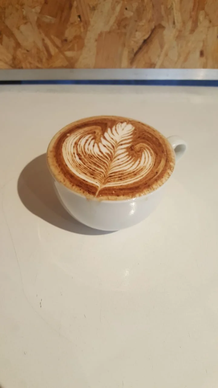 Cappuccino with detailed feather latte art pour