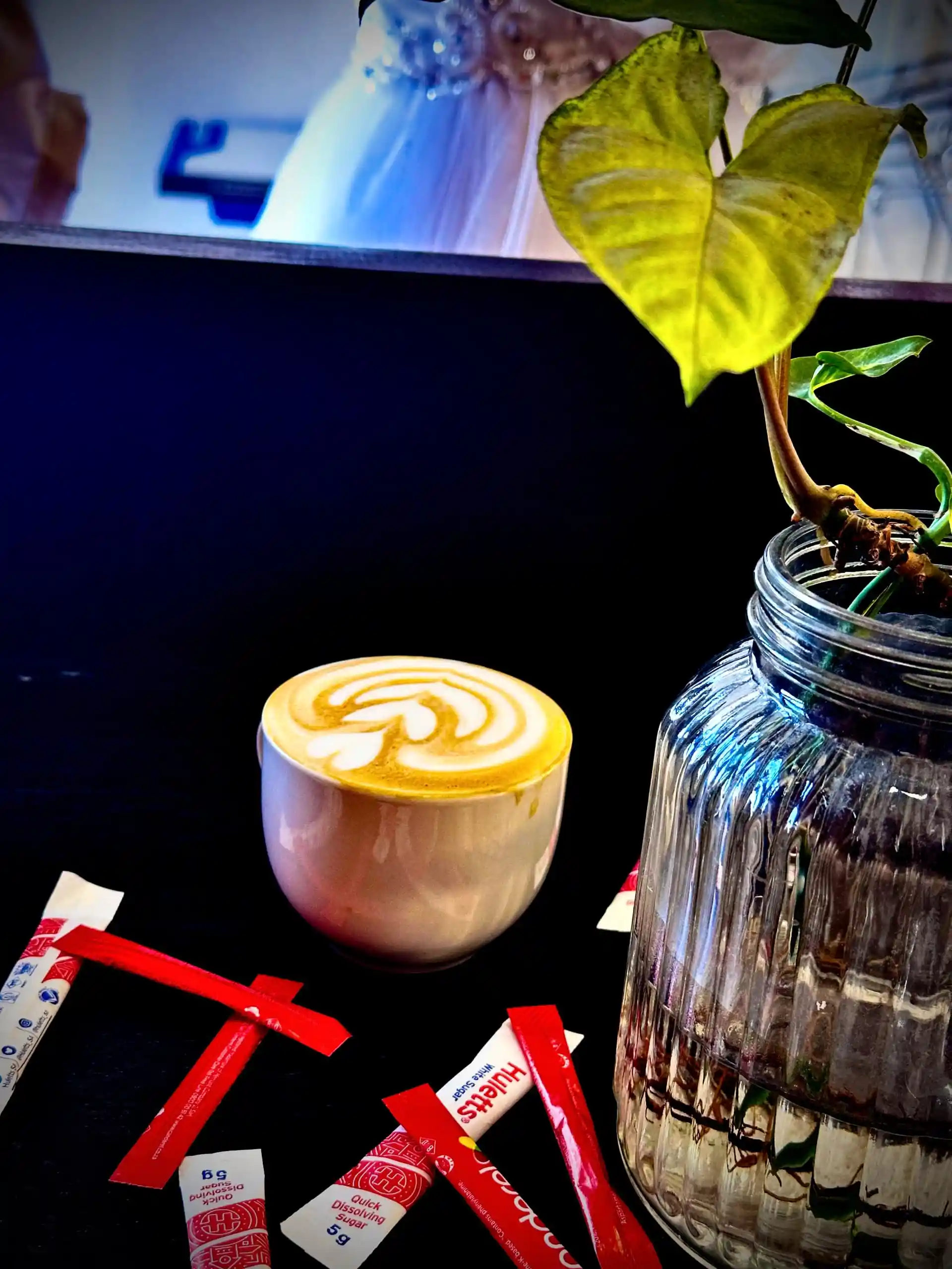 Latte art cup next to a glass jar with a tropical plant