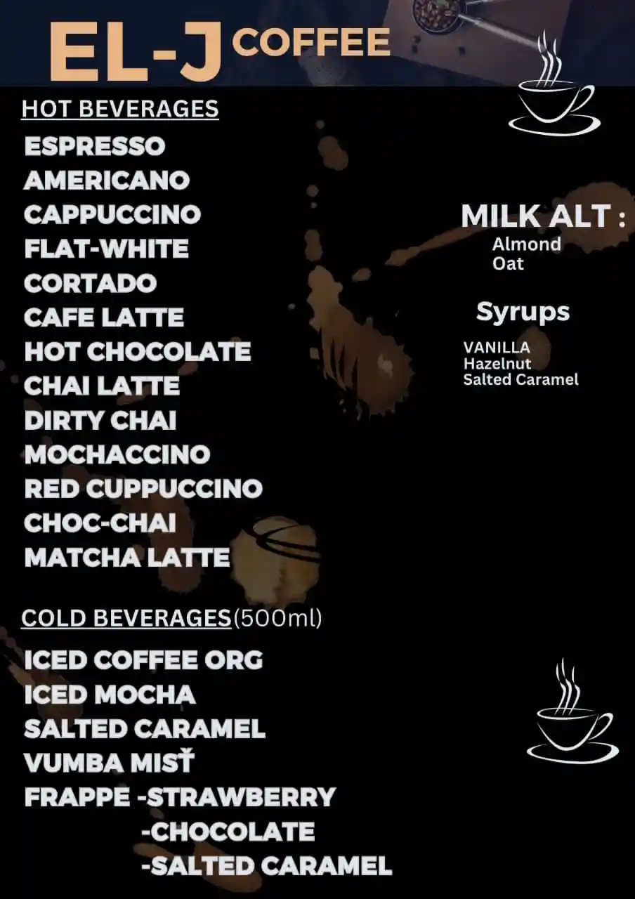 EL-J Coffee official menu board showing full hot and cold drinks list